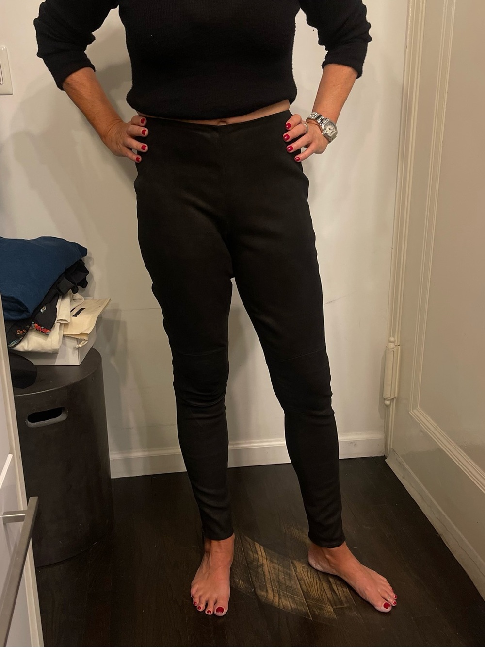 M2057 Maria Pinto Suede Leather Black Skinny Pants